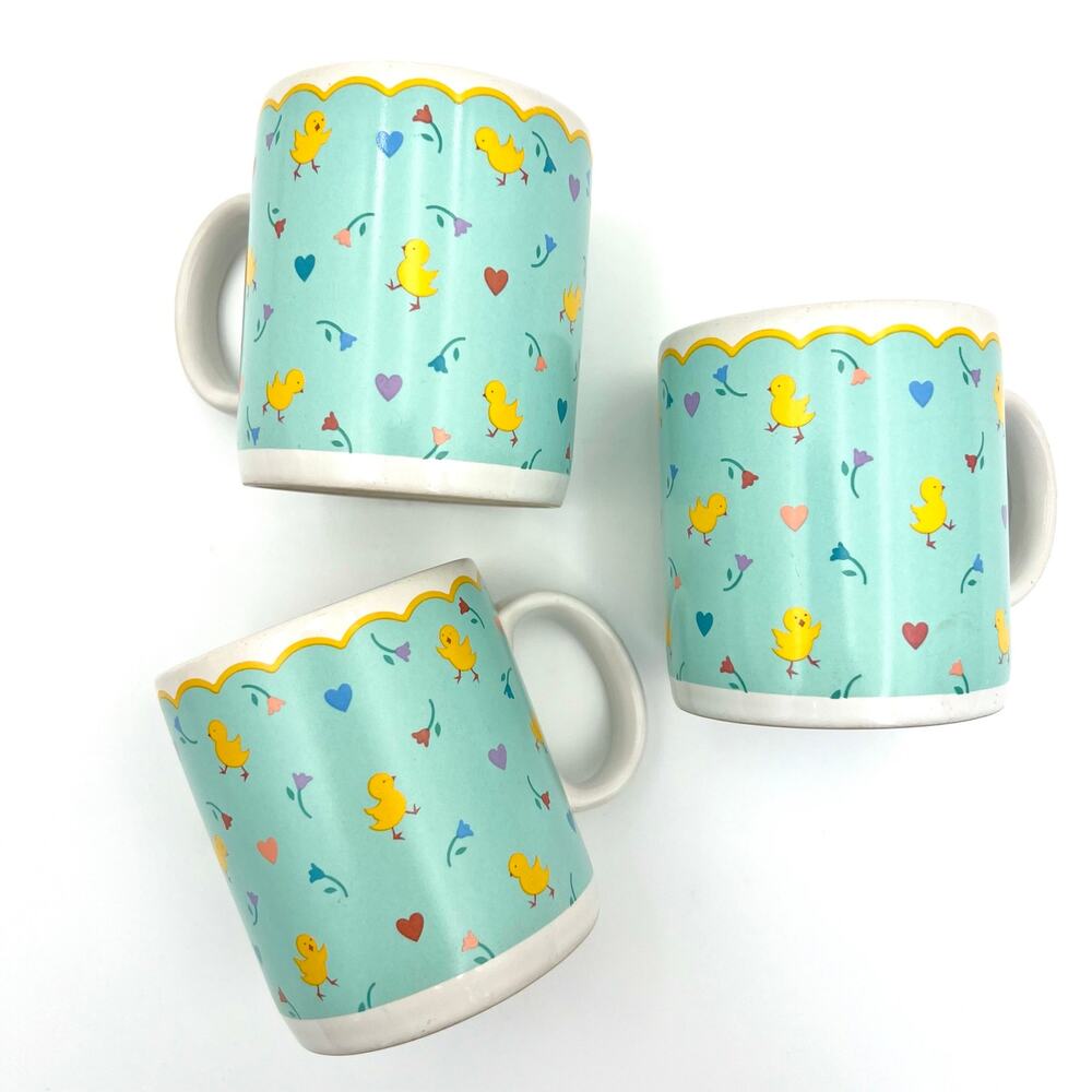 Vintage Papel Mugs Set of 3 Blue Chicks Hearts Flowers Cottagecore Decorated USA